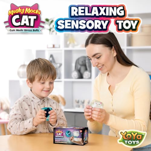 YoYa Toys MushyMochi Cat – Squishy Cubes 2-Pack – Fidget Cube Stress Balls with Mochi Cats – Cute Kawaii Stretch & Squeeze Squishies, Cool Cat Calming Sensory Toy – Great Gift for Kids - Boys & Girls