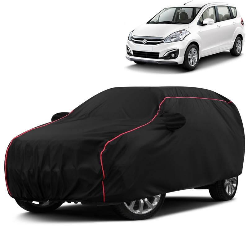 Water-Resistant Dustproof Car Cover for Maruti Suzuki Ertiga - Mirror Pocket, UV Protection, Scratch Guard, Buckle Belt, Front & Back Bottom Elastic with Red Piping - Black-image-10