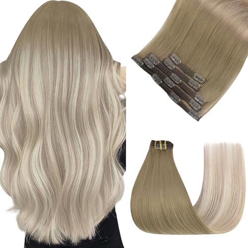 Image of Easyouth Clip in Extensions Ombre Human Hair Extensions Clip ins Light Brown to Ash Blonde Mix Platinum Blonde Clips in Hair Extension Real Human Hair 22 Inch 85G 5Pcs