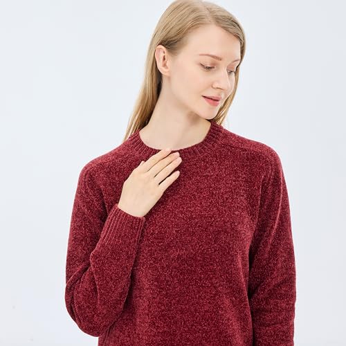 Image of Simple&Opulence Women's Chenille Sweater Crewneck Long Sleeve Pullover Ribbed Cuff Hem Round Neck Jumper Tops