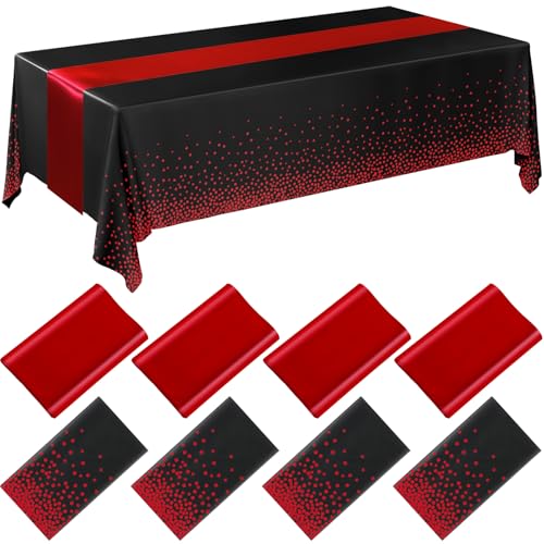 Image of Breling 8 Pack Black and Red Disposable Plastic Tablecloths and Satin Table Runner Set, 54 x 108 Inch Tablecloth, 12 x 108 Inch Table Runners for Wedding Graduation Birthday Baby Shower