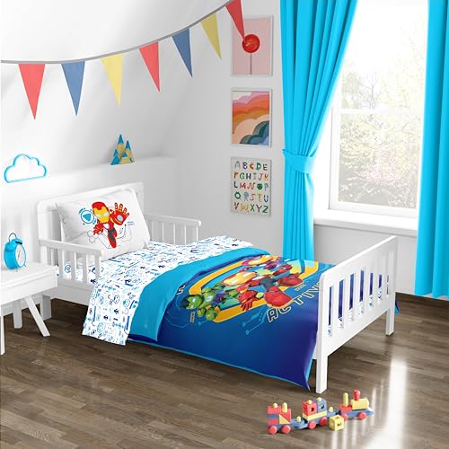 Image of Sunny Side Up Kids Comforter Set Includes Sheets and Pillow Covers - Soft and Cozy Bed Set for Stylish Room Decor, Blue - Iron Man and His Awesome Friends, 4 Piece Toddler Bed Frame Size Bedding