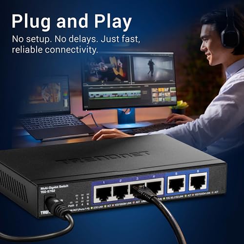 Image of TRENDnet 6-Port 10G Switch, 4 x 2.5G RJ-45 Base-T Ports, 2 x 10G RJ-45 Ports, 60Gbps Switching Capacity, Wall Mountable, 10 Gigabit Network Connections, Lifetime Protection, Black, TEG-S762