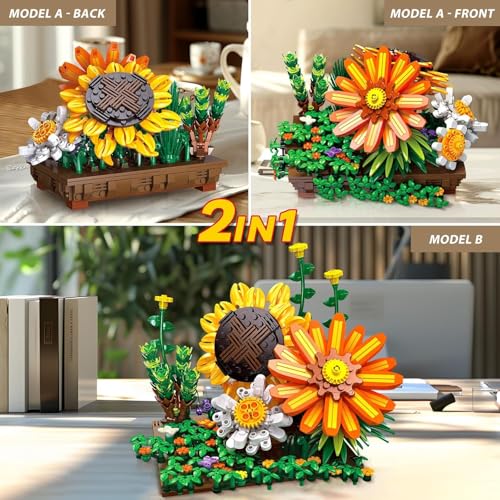 Image of 2-in-1 Flower Botanical Bonsai Building Set - Creative Botanical Collection for Home & Office Decor | Unique DIY Gift for Adults & Kids | Sunflower, Chrysanthemum, Ivy & Succulents | 818+ PCS