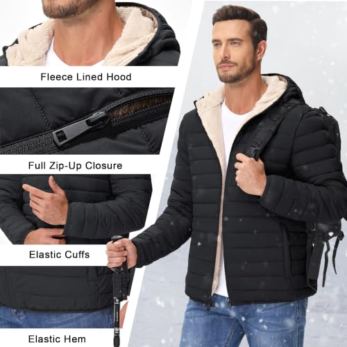 Image of Cotrasen Mens Puffer Jacket Sherpa Lined Water Resistant Hooded Full Zip Mid-Weight Warm Insulated Winter Coat