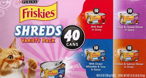 Image of Friskies Purina Wet Cat Food Variety Pack, Shreds with Beef, Turkey & Cheese Dinner, Chicken & Salmon Dinner, and with Ocean Whitefish and Tuna - 5.5 oz. Cans (Pack of 80)