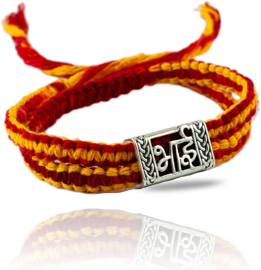 FOURSEVEN Jewellery 925 Sterling Silver Bhai Strength Silver Story Box Bead with Wrap Around Moli Rakhi Bracelet for Men and Women (Raksha Bandhan Rakhi for Brother with Roli Chawal)