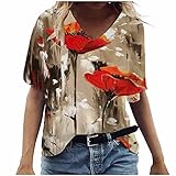 Women Summer Floral Graphic Vintage Tee Loose Fit Short Sleeve V Neck Plus Size Tops Casual Distressed Bohemia T Shirts