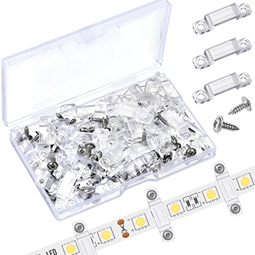 Qunclay 100 Pack Strip Light Mounting Brackets LED Clear Clips Outdoor Fixed Clips LED Tape Clamp with 200 Screws for 12 mm Wide IP67/68 Strip Lights for Halloween Christmas Party Decor