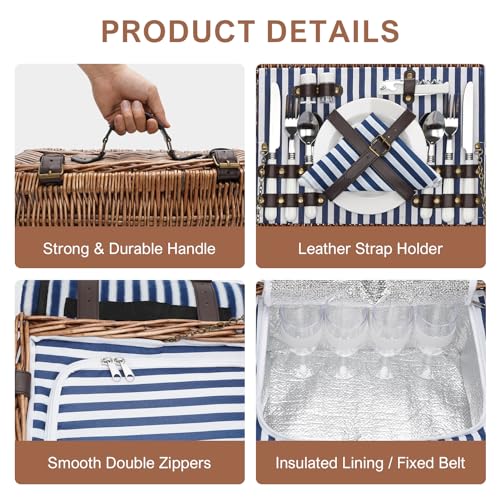 Image of Picnic Basket for 4 Persons - Baskets with Cooler and Picnic Blanket, Classical Wicker Picnic Basket with Waterproof & Sand-Proof Beach Mat,Willow Hamper Service Gift Set