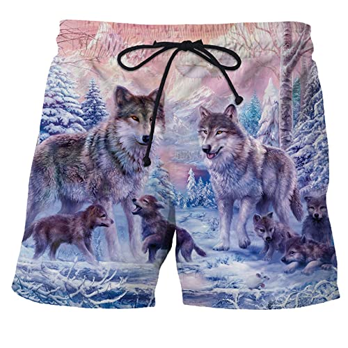 LHGBGBLN Forest Snow Wolf 3D Pantalones Cortos de Playa para Hombre Pantalones Cortos de natación de Surf de Secado rápido Animal Pantalones Cortos Deportivos Unisex