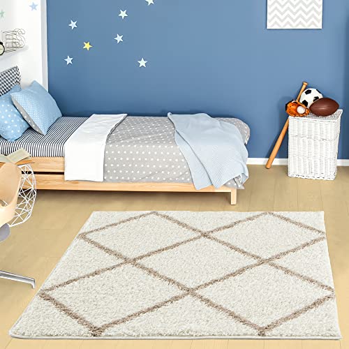 THE RUGS Shaggy Rug, Modern Moroccan Design Rugs for Living Room Bedroom, Hallway, 3 cm Thick Area Rugs, (Diamond Ivory/Beige