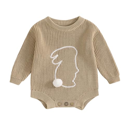Image of Lesimsam Newborn Baby Boy Girl Easter Outfit Oversized Bunny Knit Sweater Bubble Romper Long Sleeve Jumpsuit Spring Clothes