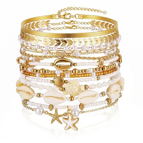 FAXHION Boho Gold Beaded Bracelets for Women Starfish & Shell Pendant Bracelet Stack Gold Bracelet Set Summer Beach Jewelry Gifts