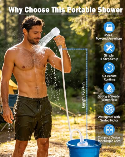 Subtoy Bomba de Ducha Portátil para Camping, Cabezal de Ducha Recargable USB-C con 3 Modos, Bombea Agua de Balde, para Viaje, RV, Baño de Mascotas, Playa y Uso de Emergencia (+ Bolsa de Malla) miniatura 2