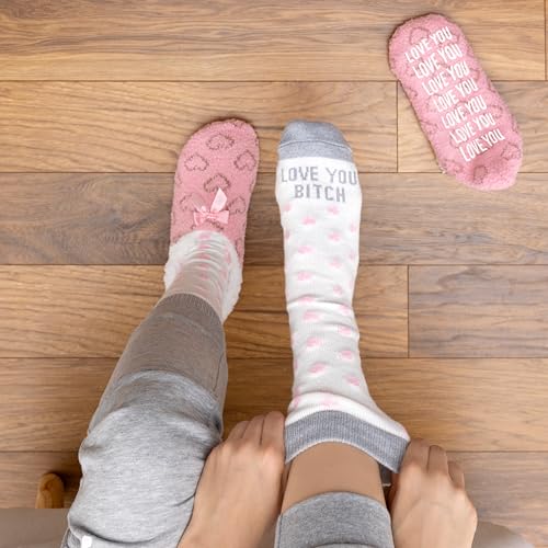 Pavilion Gift Company - Love You Bitch - One Size Fits Most Soft Sherpa Cozy Bold Funny Anti-Slip Slippers With Heart Patterned Socks Best Friend BFF Bestie Sentimental Gift2
