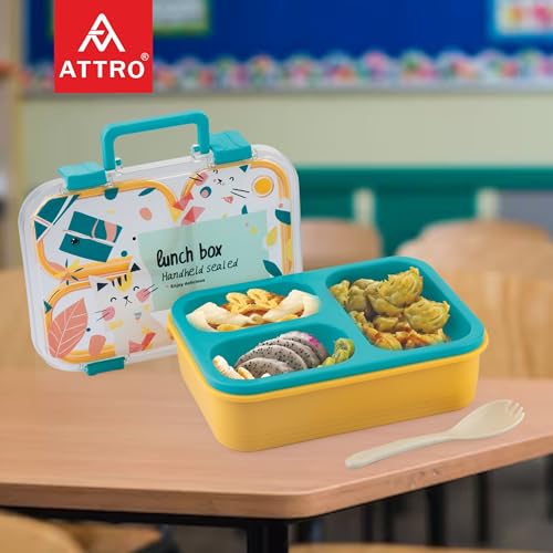 Image of ATTRO Kitty Kart Plastic Lunch Box - 3 Compartment Bento Tiffin, Leak-Proof & Durable, Plastic Cutlery, Ideal for Kids, School,Picnic - 800ml, Blue Orange