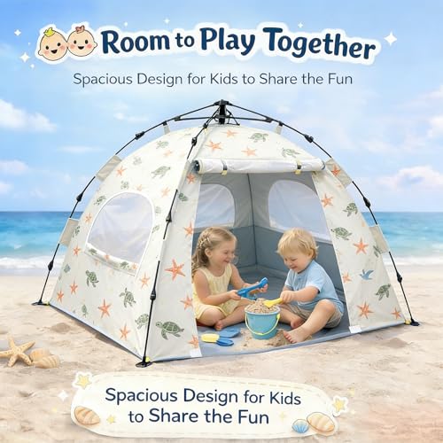 Image of Baby Beach Tent Pop Up Sun Shelter with UPF 50+ UV Protection, Silver-Coated Interior, Breathable Mesh Ventilation, Easy Setup, Wind-Stable Beach Shade for Infants & Toddlers