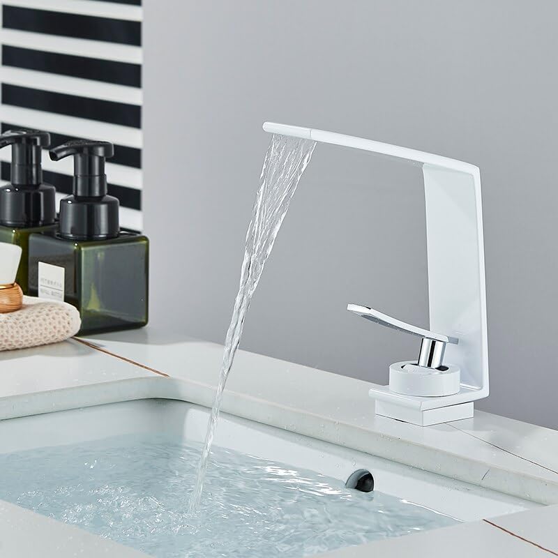 Robinet cascade salle de bain anti-éclaboussures mitigeur blanc monotrou