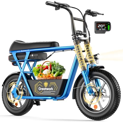 GREATWORK Peak 1200W Electric Scooter with Seat, 480Wh Removable Battery, Max 30 Miles Range, 20MPH Top Speed, 16x3.0 Fat Tire Motorcycle Style E Scooter for Adults with Basket