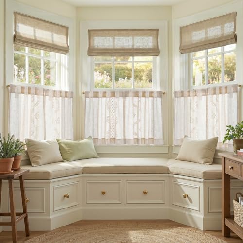 Image of jinchan Ivory Floral Linen Kitchen Tier Curtains 24 Inch, 2 Panels