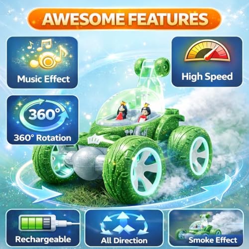 Image of SMART BOY 360 Rotational Stunt Remote Control Car for Kids, USB Rechargeable RC Toy for Boys and Girls, Mist Smoke Effect, Lights & Music, Anti-Skid Rubber Tires - Indoor Outdoor Car 9883 Green