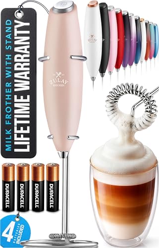 Image of Zulay Kitchen Powerful Milk Frother Wand With Duracell Batteries - Ultra Fast Handheld Drink Mixer - Electric Whisk Foam Maker for Coffee, Lattes, Cappuccino & Matcha - Z1 Motor - Pink Salt
