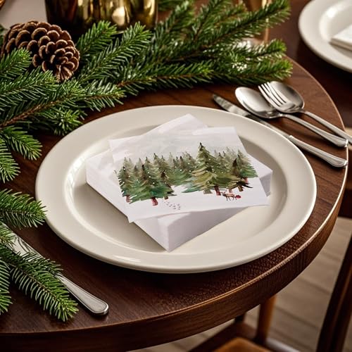 WRAPAHOLIC 50Pcs Christmas Paper Napkins - Winter Watercolor Pine Forest Elk 3-Ply Disposable Luncheon Napkin for Christmas Party Supplies Tableware, Xmas Holiday - 6. 5 x 6.5 In – Image 6
