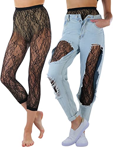 Image of ToBeInStyle Women's Single Floral Lace Fishnet Tights Footless & Stirrup Design