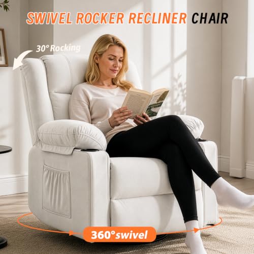 Image of Rocking Recliner Chair for Adults, 360 Swivel Rocker Recliner with Massage and Heating, Manual Glider Rocking Chair with Cup Holders for Living Room Bedroom Nursery (Beige)