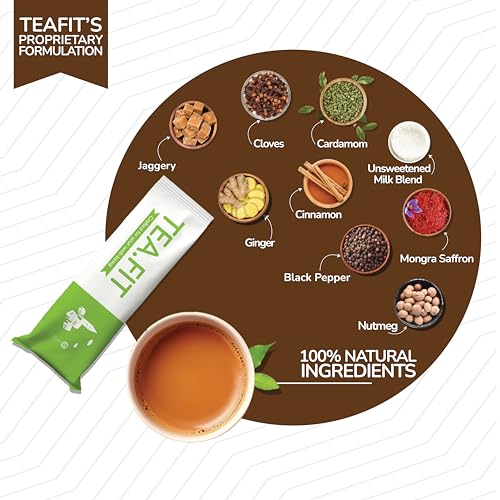 Image of TeaFit Instant Jaggery Masala Chai Premix | Desi Gud Chai | 30 Sachets (420gm) + Spoon | Just Add Water | Made with Organic Cane Jaggery, Premium Assam Tea & Aromatic Spices | Ayurvedic Spiced Chai