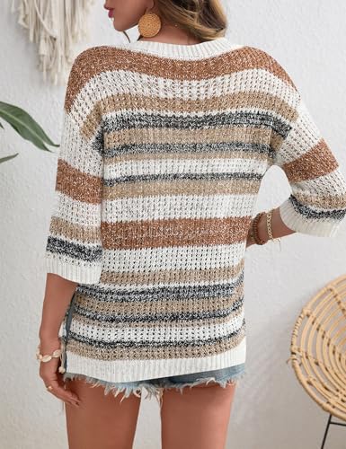 Image of Rapbin Women's Crochet V Neck Beach Cover Up 3 /4 Sleeve Hollow Out Knitted Pullover Sweater