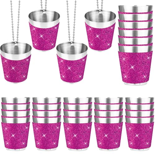 30 Pcs Stainless Steel Shot Glass Necklaces ，Valentine's Day Chains Mini Bling Bling Shot Glass Cups, Bachelorette Shot Glasses Set for Graduation Party Favors、Wedding Party 1 oz/30 ml (Rose Red)