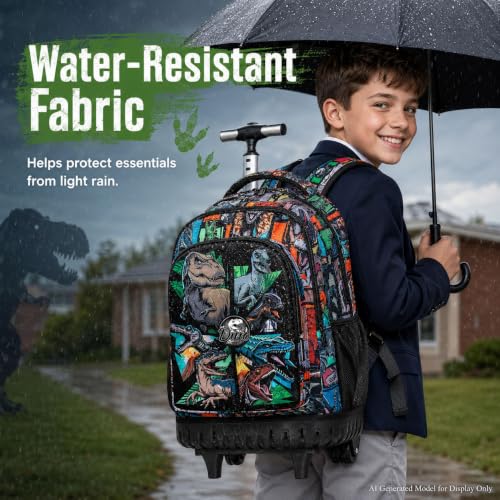 Image of CCJPX 3PCS Rolling Backpack for Boys, 21 Inch Water Resistant Dinosaur Backpacks with Roller Wheels, Wheeled Bookbag for Teens Elementary School Travel-Brown