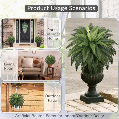 Fake Ferns - Set of 2 Faux Boston Ferns Large Artificial Plants, 40 Leaves per Bouquet, 35 Inches medium Artificial Ferns for Outdoors/Indoor Home, Office, Garden Decoration