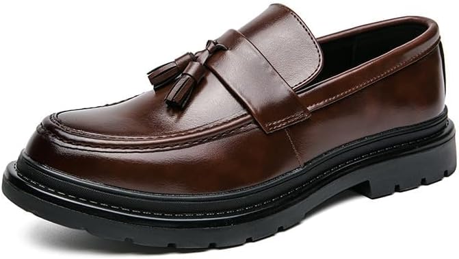 Men's Leather Tassel Platform Slip on Loafers Luxury Round Toe Lug Sole Non-Slip Dress Shoes Casual Low Block Heel Business Work Office Shoes - Image 4