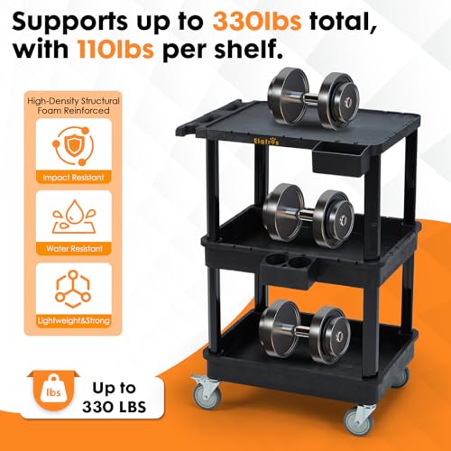 Image of ELAFROS 3-Tier Flat Top & Deep Tub Rolling Utility Cart, 27.5 x 18.25 in | 330 lbs Capacity, Heavy Duty Plastic, 4-Inch Wheels, Service Cart, Work Cart, Storage Organizer, Office Workshop Warehouse