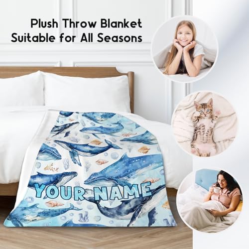 Custom Whale Blanket with Name for Women, Cute Soft Gifts for Ocean Lovers, Cozy Flannel Throw for Bed Living Room, 60"x80"