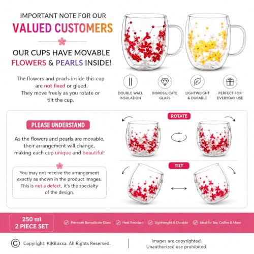 Image of KiKiluxxa 250ml Double Wall Glass Tea Coffee Mug Set of 2 | Glass Cups with Movable Decorative Flowers & Pearl Beads | Insulated Glass Mug for Tea, Coffee, Milk, Gift (Ruby Blossom+Golden Daisy)