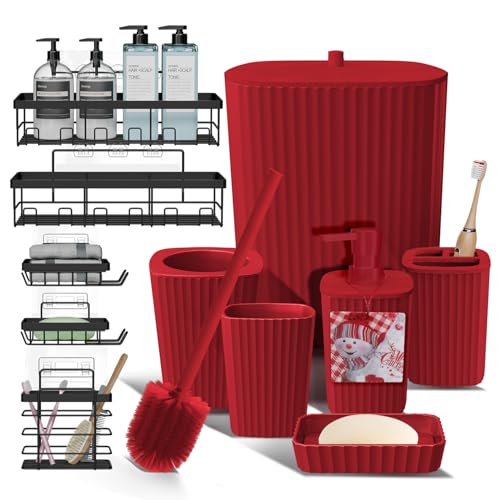 Clara Clark Bathroom Set - Christmas Bathroom Accessories Set 11PC Bathroom Accessory Set Christmas Bathroom Sets with Adhesive Corner Shower Caddy Hanging Toilet Brush Trash Can & Soap Dispenser