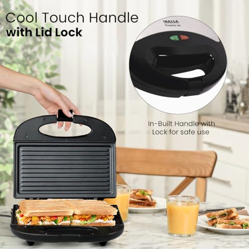 Image of INALSA Grill Toaster with SS Cover On Top Cover|Over Heat Protection|Vertical Storage|Easy Locking|Non Stick Coated Heating Plates (Presto DX),800 Watts,Black