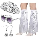 yolzhxe 4 Stück Disco Accessoires kostüm Damen, Retro 60er 70er jahre Kostümzubehör, Glitzer Disco Outfit mit Discokugel Ohrringe, Sonnenbrille, Stulpen, Baskenmütze, für Karneval Thema Party