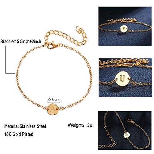 Initial Charm Bracelets, 18K Gold Plated Stainless Steel Dainty Small Round Coin Disc Initial Bracelet Engraved Letters Personalized Name Bracelet for Girls (A) - Image 6