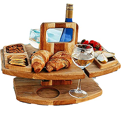 Xyyy Tragbarer Picknicktisch, Abnehmbarer Holz Wein Tablett Picknicktisch Outdoor Kleiner Strandtisch, mit Weinglashalter, Schale für Obstteller Camping Terrassentisch Cover