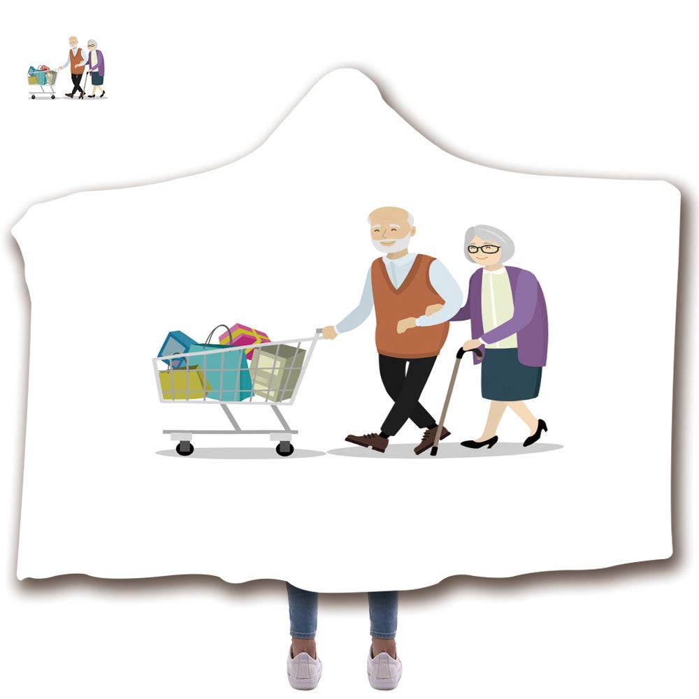 Wearable Hooded Blanket with Thicken Soft Plush and 3D Printed Pattern Suit for Kids(51"H x 59"W) Couple of Older People with Shopping Trolley