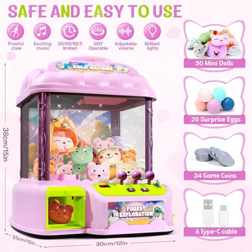 Image of Claw Machine for Kids, 30 Toys & 24 Game Coins & 20 Surprise Eggs | Musical Electronic Arcade Game Console Kids Claw Machine with Adjustable Sound, Christmas and Birthday Gift