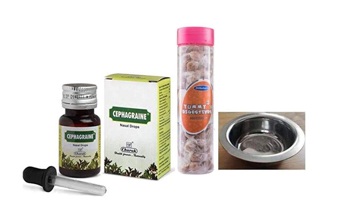 Charak Pharma Cephagraine Nasal Drops 15ml, With Free Dilbahars Yummy Digestives Manchali Imli 90gm & Nimita Brand Stainless Steel Oil Bowl (Width:8cm; Height: 3cm)