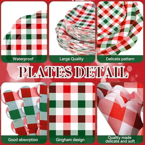 Image of Funnymoom 452 Pcs Red and Green Christmas Buffalo Plaid Party Supplies for 50, Scalloped Christmas Gingham Plaid Paper Plates Napkins Cups Tablecloth Cutlery Straws for Rustic Holiday Party Decoration