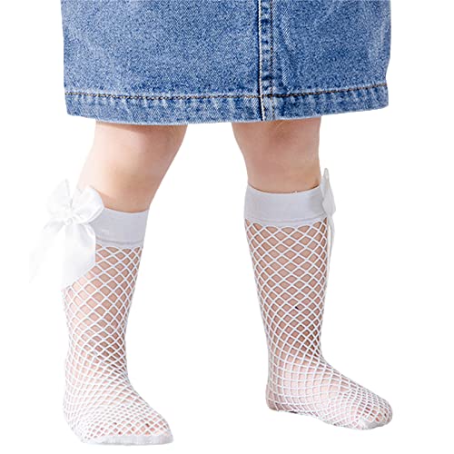 MBMSHEGH 2 Pairs Kids Toddler Girl Knee High Fishnet Socks Mesh Stockings+ Bowknot Fancy Glitter Tights Dress Socks
