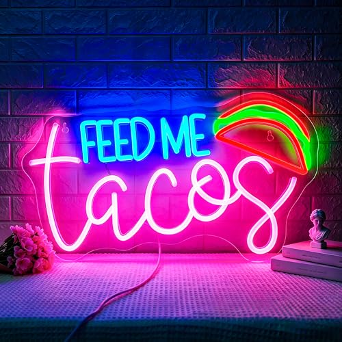 Image of Feed Me Tacos Neon Sign Led Neon Lights Neon Signs for Wall Decor Light Up Sign for Birthday Party Club Gift